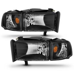 DODGE RAM 1500 94-01 / RAM 2500/3500 94-02/ RAM SPORT MODEL 94-98 CRYSTAL HEADLIGHTS BLACK w/ CORNER LIGHT 2PC